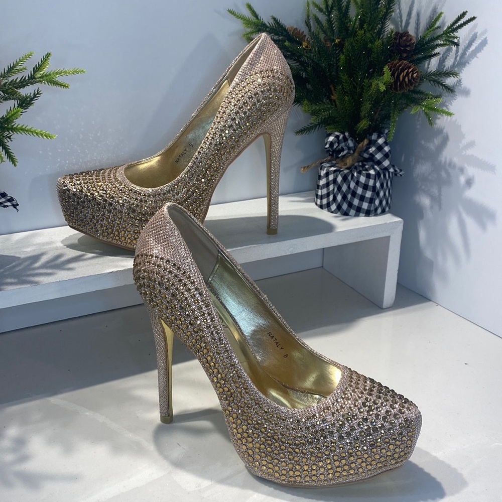 Bella Luna Nataly Gold Studded Stiletto Platform Heels